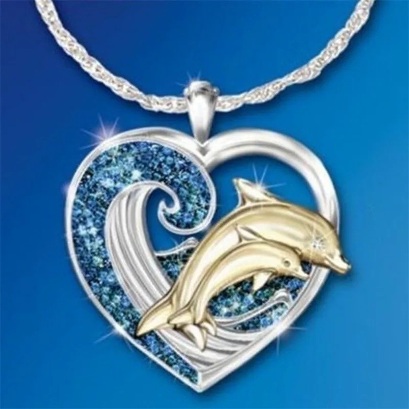 

New product fashion blue zircon love dolphin animal necklace women luxury romantic Valentine's day charm pendant gift wholesale