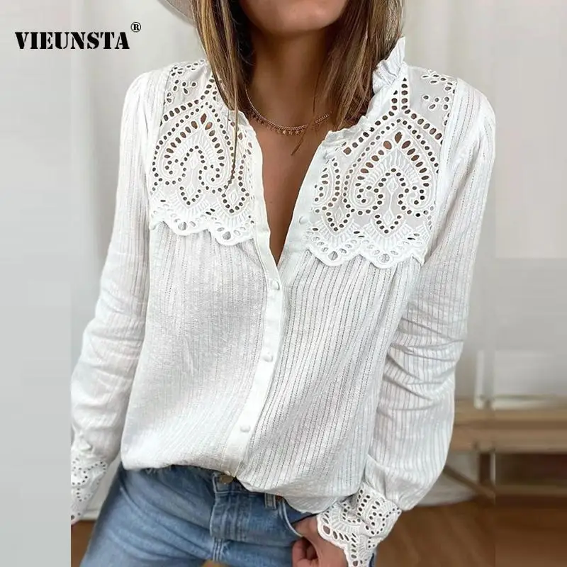 

Sexy Embroidery Flower Lace Blosue Shirts Women Elegant Stand Collar Button Spring Tops Autumn Long Sleeve Solid Office Blouses
