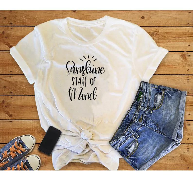 

Women Sunshine state of mind White Hipster Letters Summer Tee Ladies Casual Funny Short Sleeve Top T-Shirt