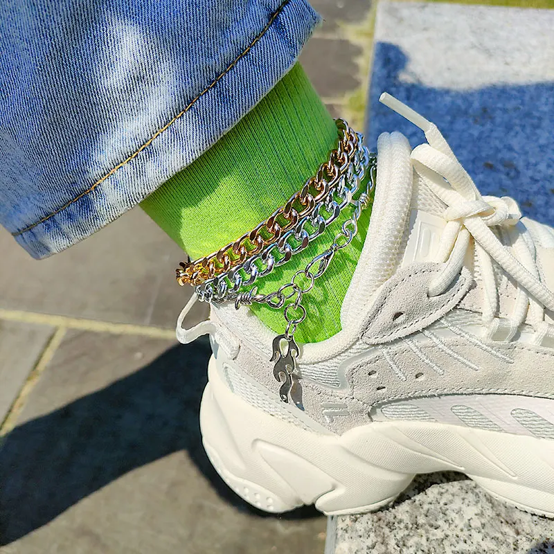 

Gold Curb Link Chain Flame Anklet Bracelet For Women Men Punk Ankle Unisex Iron Hip Hop Goth Wholesale Jewelry Accessories Gifts