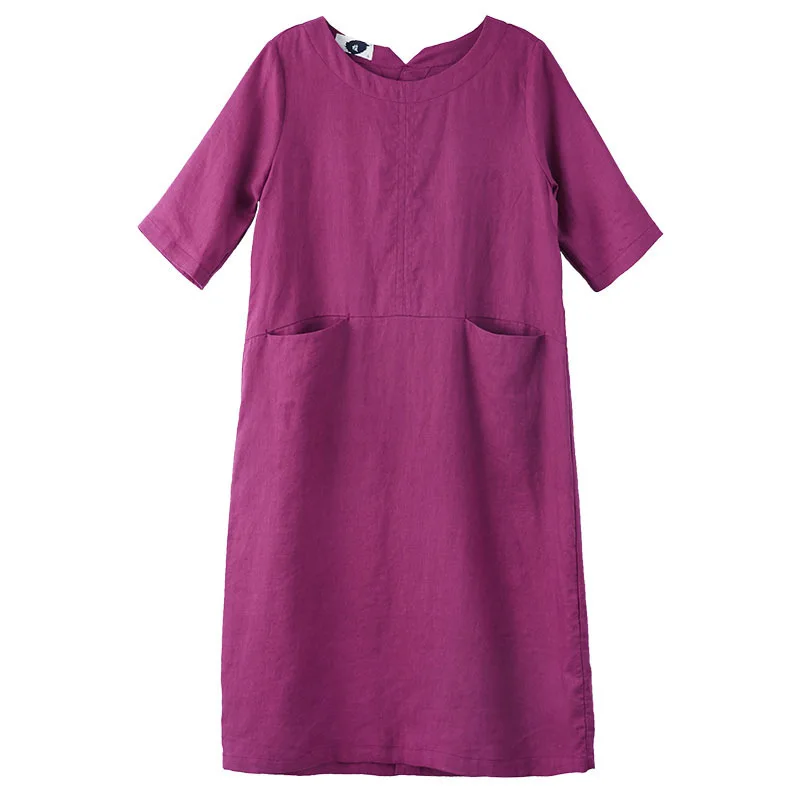 

2018 Autumn New Casual Simple round Neck Half Sleeved Dress Linen Mid-length Robe