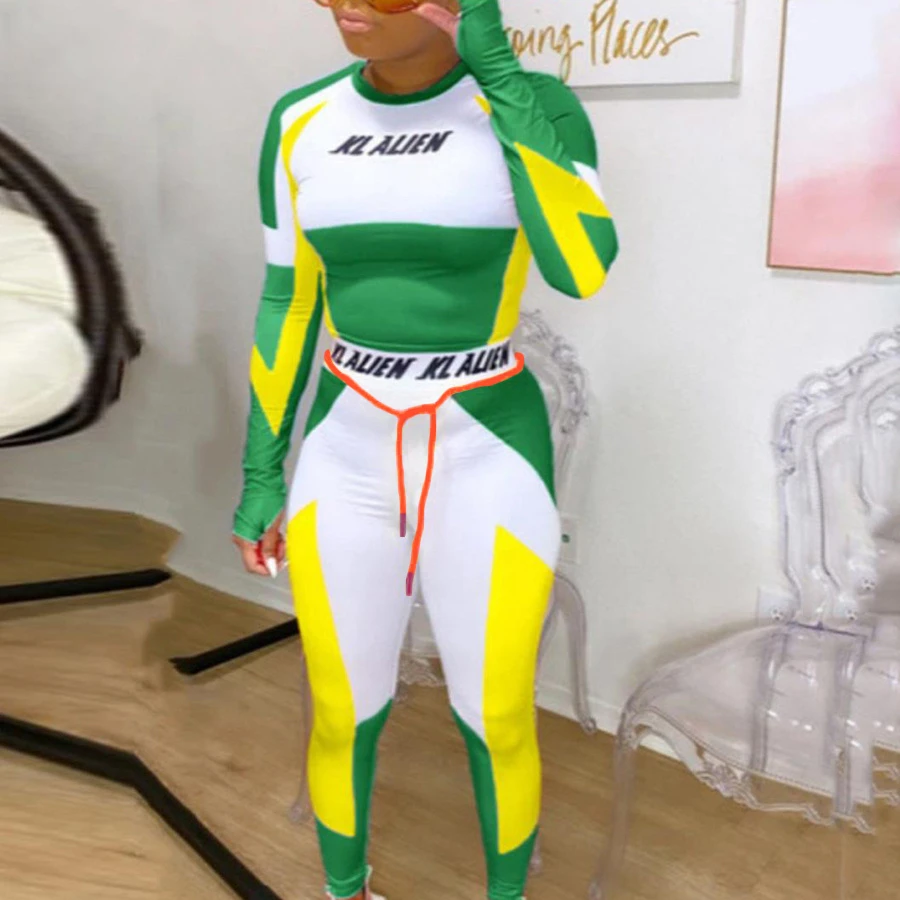 

Women Long Sleeve Slim Outfit Tracksuit Two Pieces Set letter Print High elastic Skinny Leggings Female Sportswear 2021