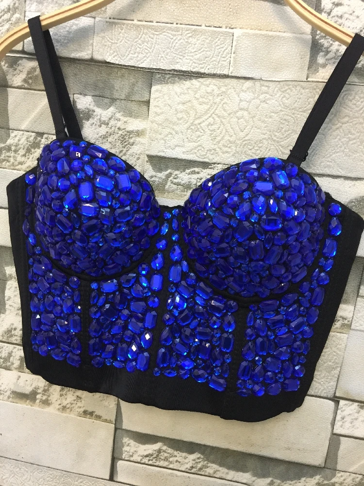 

P136 Hand-made Blue Beaded Gaga Rhinestone Bustier Pearls Push Up Night Club Bralette Women's Bra Cropped Top