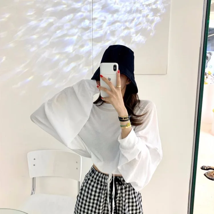 

Корейская версия короткой солнцезащитной рубашки со шнуровкой и длинными рукавами Свободная тонкая рубашка с завязками и рукавами летучая...