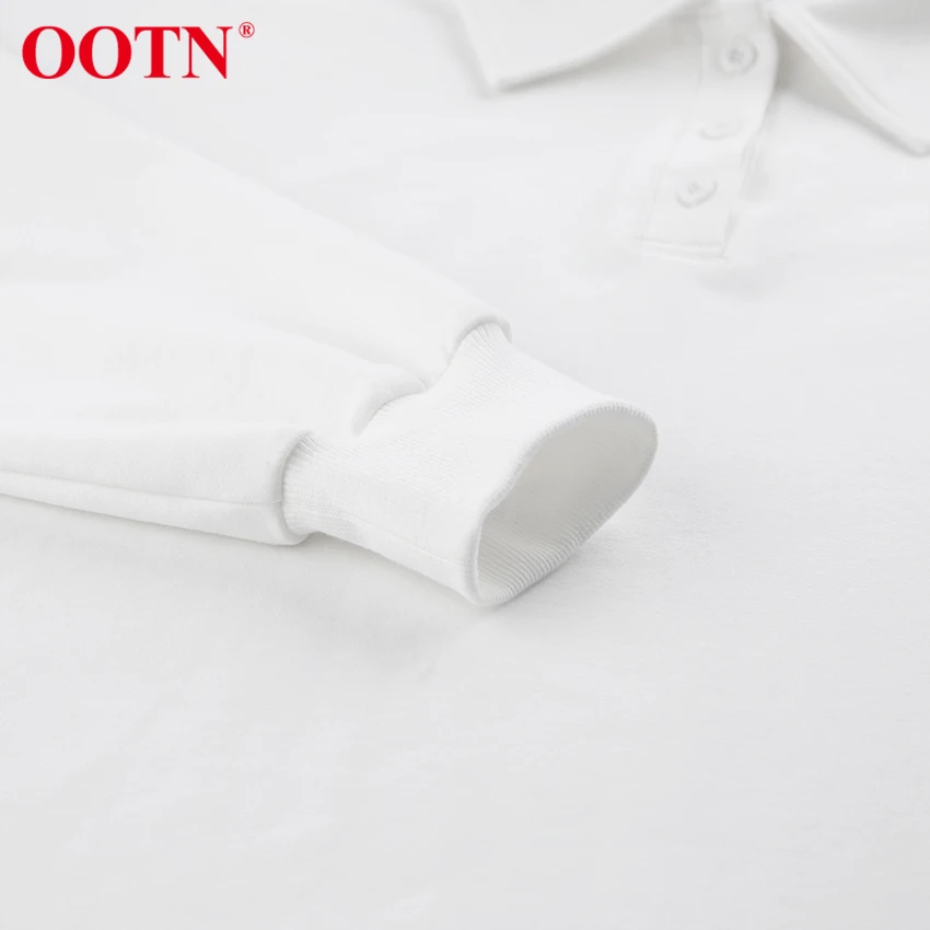 

OOTN Casual Plain Women Sweatshirt Oversize Pullover Turn Down Collar Autumn Winter Top Female White Sweatshirt Button Down 2020