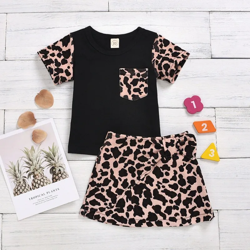 

Baby Girls Summer Clothing Infant Kids Baby Girl 2Pcs Set Leopard Clothes Short Sleeve Tops Shirt Skirts Patchwork Outfits *