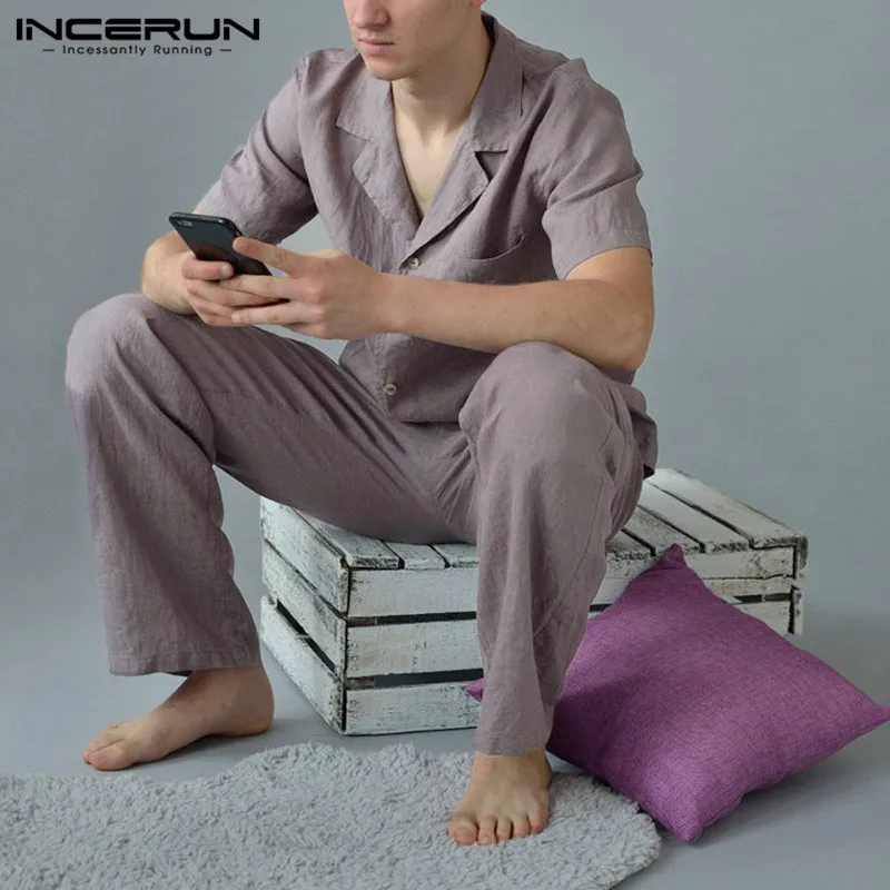 

Cotton Men Pajamas Sets Vintage Solid Homewear Long Sleeve Sleepwear Leisure Pants 2021 Cozy Men Nightwear Sets 2 Pieces INCERUN