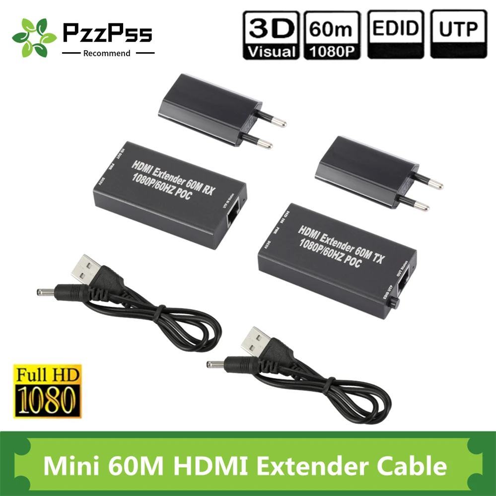 Мини удлинитель PzzPss 60 м HDMI (передатчик и приемник) через signle RJ45 Cat5e Cat6 Ethernet