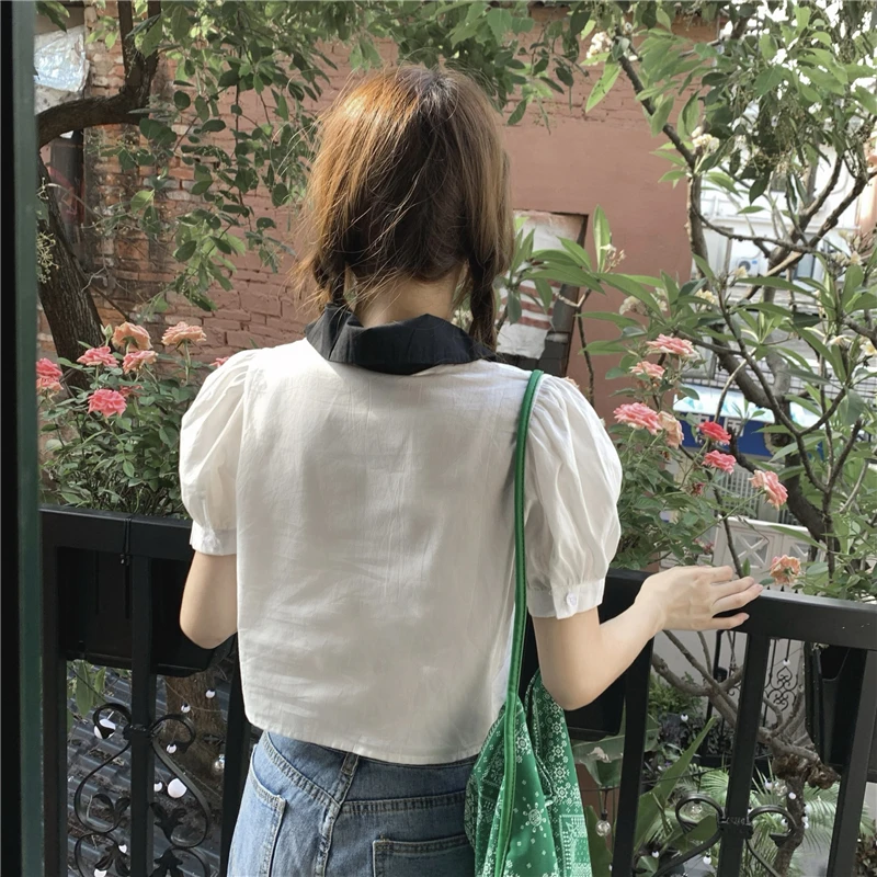

Women Fashion Loose Cropped Blouses Vintage Short Sleeve Contrast Lapel Female Shirts Summer Blusas Mujer Chic Buttons Up Tops