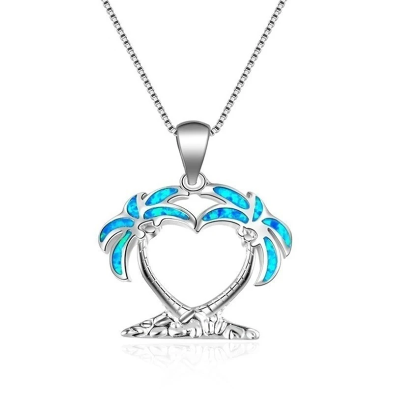 

Fashion Coconut Tree Style Accessories Set For Women Imitation Blue Fire Opal Pendant Necklace Earrings Women Wedding Jewelry