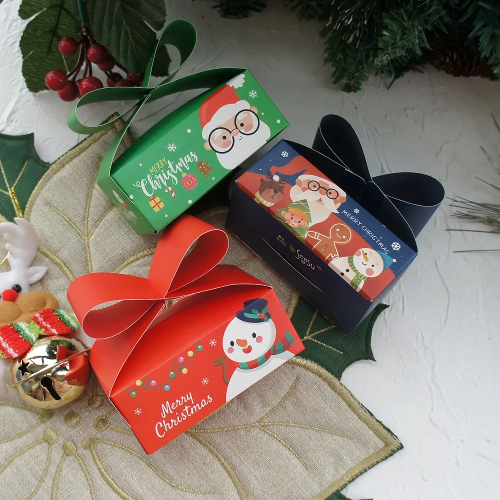 

Christmas 10pcs Red Santa Blue Green Bow Paper Box As Soap Cookie Candy Little Gift Packaging Party Favors Gifts Decoration