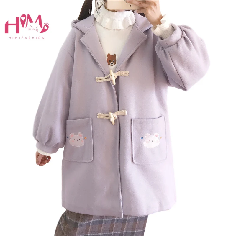 Зимнее пальто из смесовой шерсти Kawaii женское винтажная с милым Кроликом