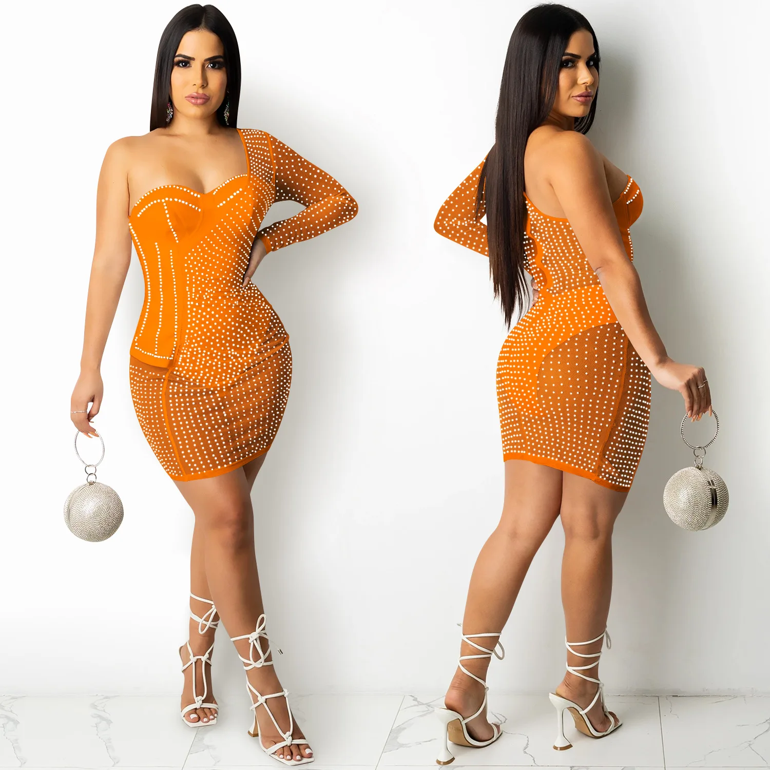 

Nightclub Style Sexy solid color women's hot drill mesh perspective one shoulder dress 2021 new fashion wrap tight skirt