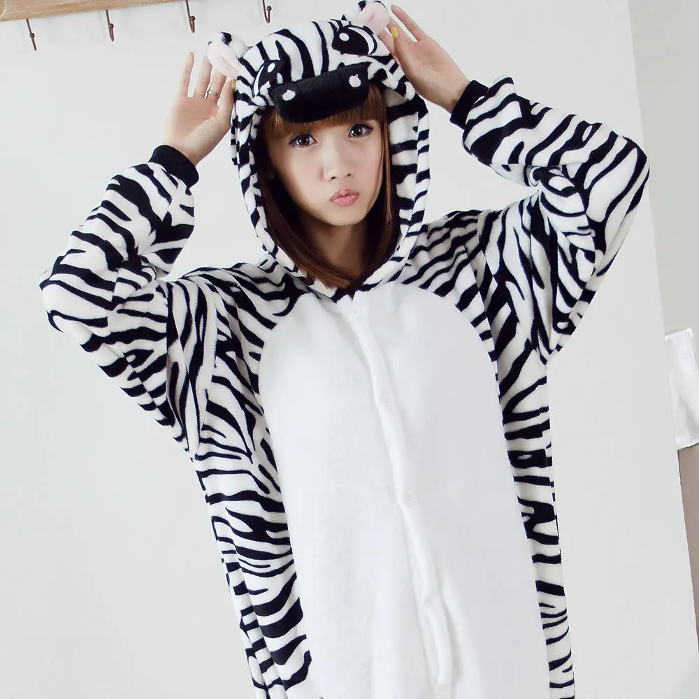 Kigurumi Zebra Pajama Adult Animal Onesie Women Men Couple Anime Winter Pajamas Suit Sleepwear Flannel Pijamas