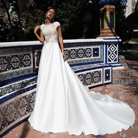 fashion long satin wedding dresses appliques cap sleeves bridal engagement vestido de novia custom made