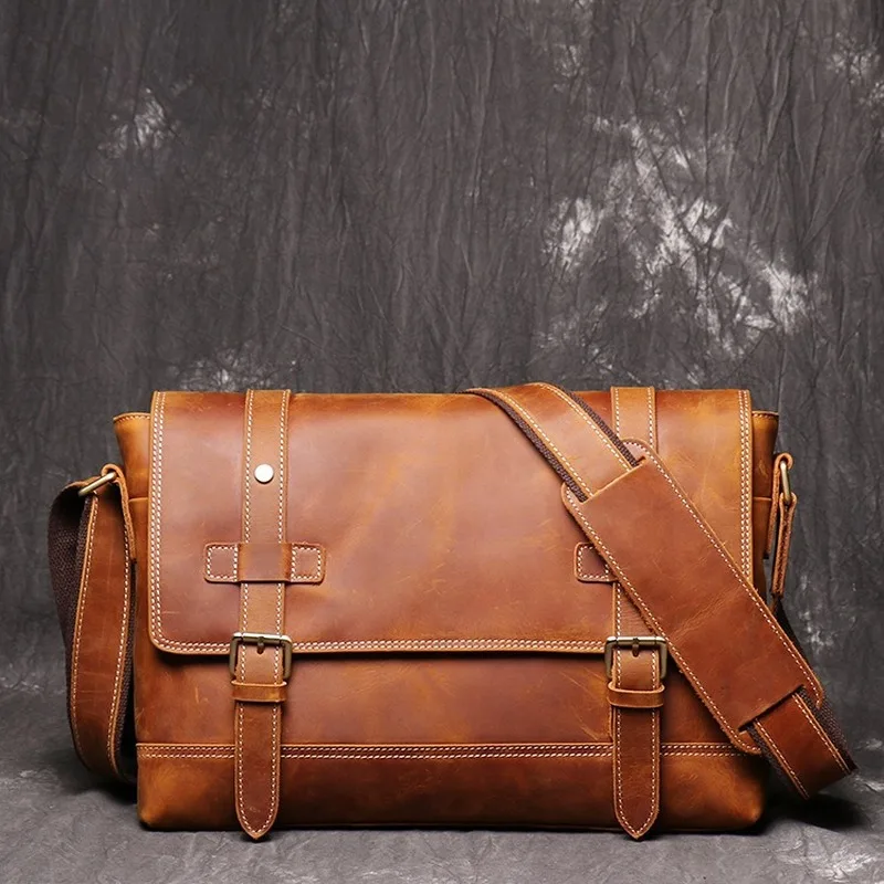 100% Genuine Leather Briefcase Men Vintage Real Crazy Horse Leather Messenger Shoulder Business Laptop Bag Case Office Handbag