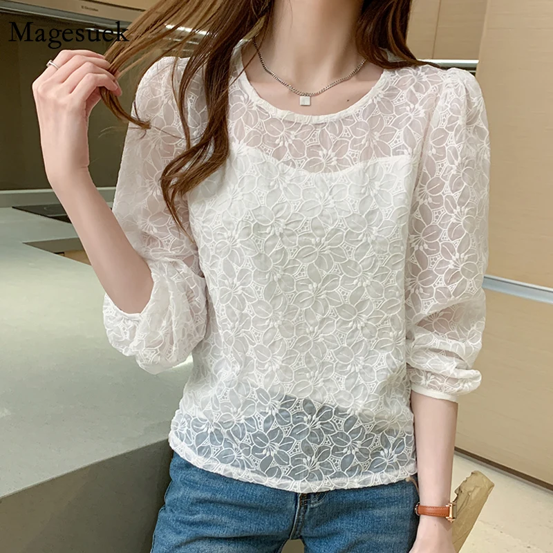 

2021 Spring Korean Women Tops New Chic Embroidery Floral O Neck Lantern Long Sleeve Shirt Elegant Lace Loose White Blouse 13982