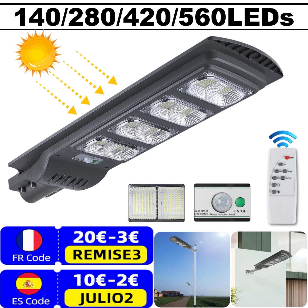 

AUGIENB 150W/300W/450W/600W Solar Street Light Waterproof IP65 PIR Motion Sensor + Remote Control Outdoor Lighting Security Lamp