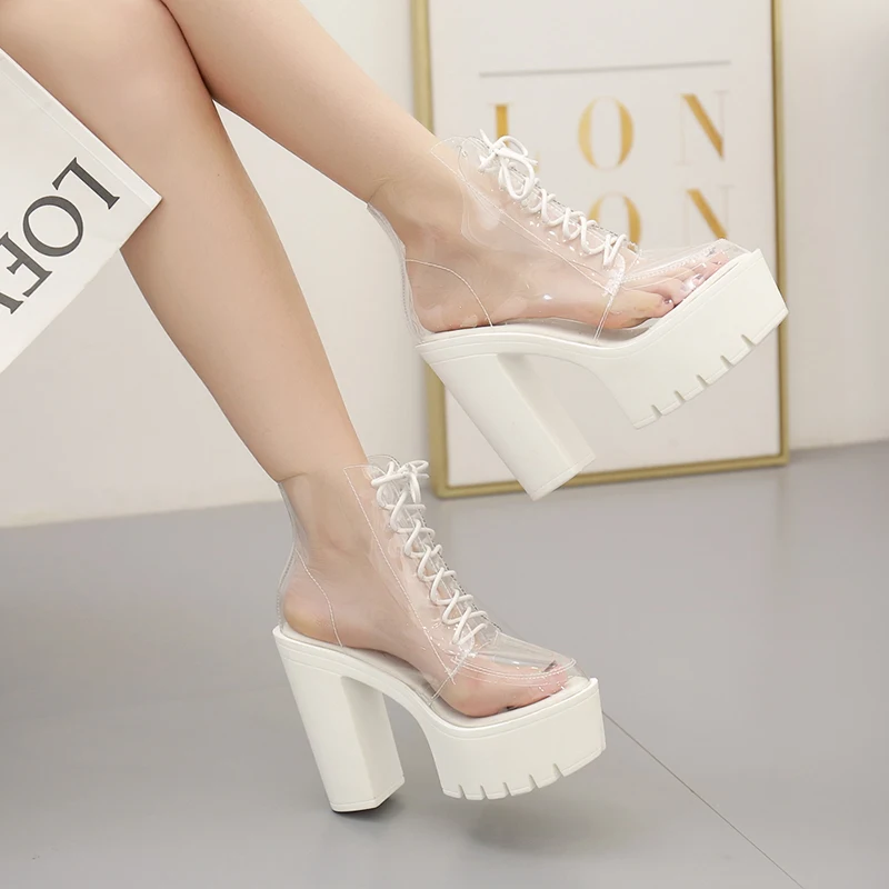 

Bar DJ nightclub DS stage gogo performance women's transparent high heels 15cm thick heel crystal heel sexy sandals
