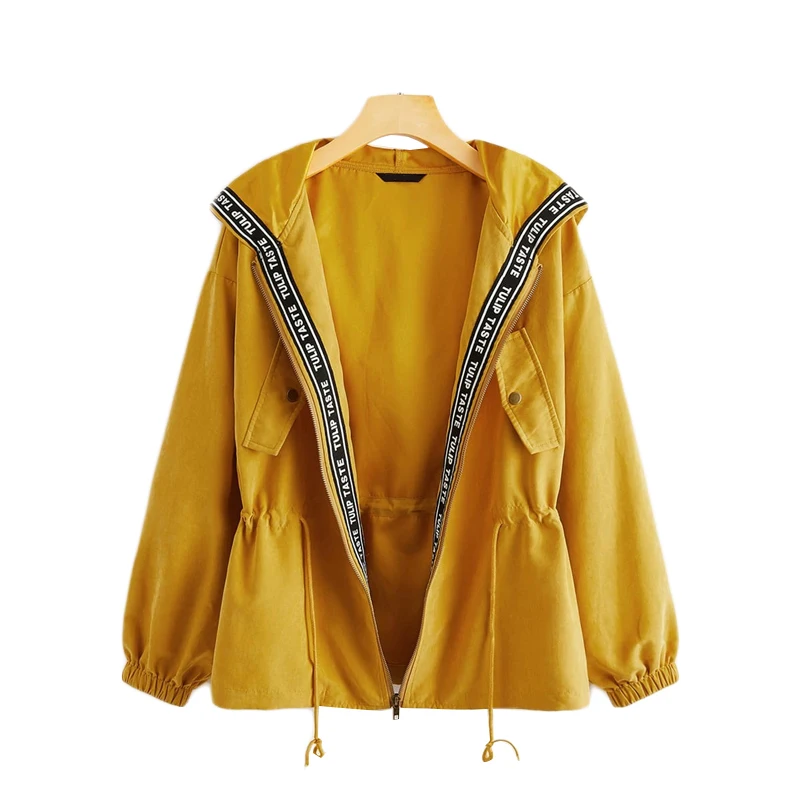 Dotfashion, повседневная женская куртка с капюшоном и завязками на талии, осень, с буквенным принтом, Лоскутная Верхняя одежда, женские куртки на молнии