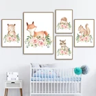 Цветы, медведь, енот, еж, скандинавские плакаты и принты, настенная Картина на холсте, настенные картины, декор для детской комнаты