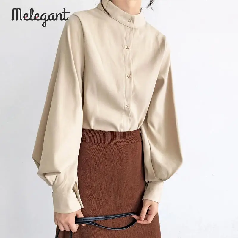 Элегантная Высокая мода OL Однотонная синяя блузка Рубашки с рукавом фонариком