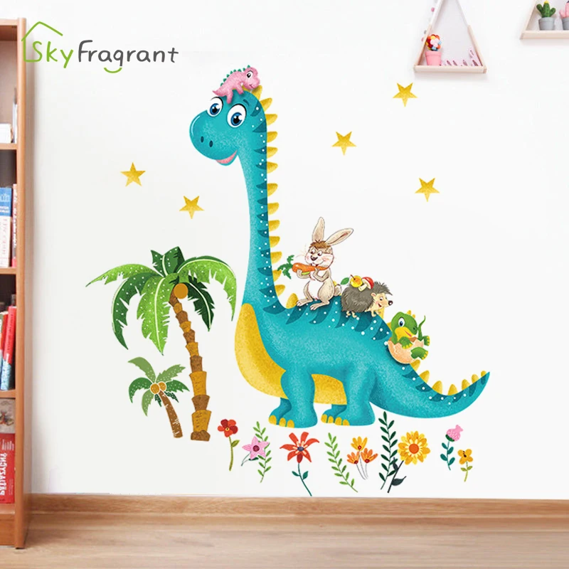 Наклейки на стену с мультипликационным динозавром самоклеящиеся домашний декор