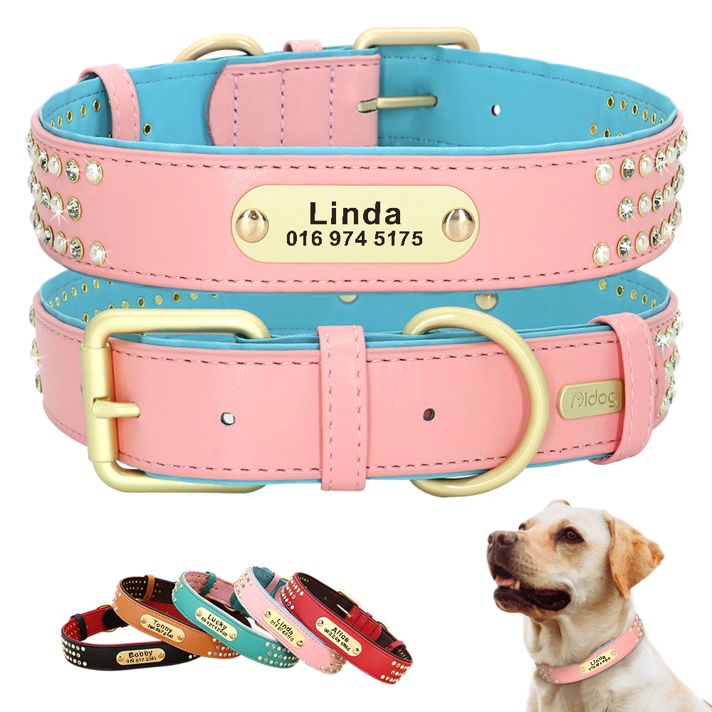 

Rhinestone Leather Dog Collars Personalized Pet Dog Collar Customized ID Tag Engraved Name Phone for Small Medium Dogs Bulldog