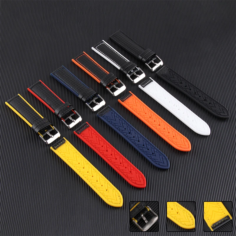 Carbon Fiber Rubber Watchband 22mm 20mm Black with White Red Blue Orange Yellow Line Strap For Men Women Watch Accessories Tools | Наручные