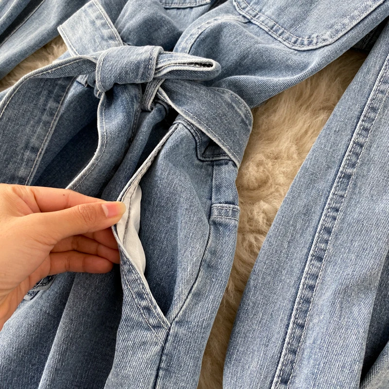 

Foamlina Denim Jumpsuit for Women Casual Streetwear New Spring Autumn Long Sleeve Single Breasted Sash Lace-up Jeans Jumpsuit