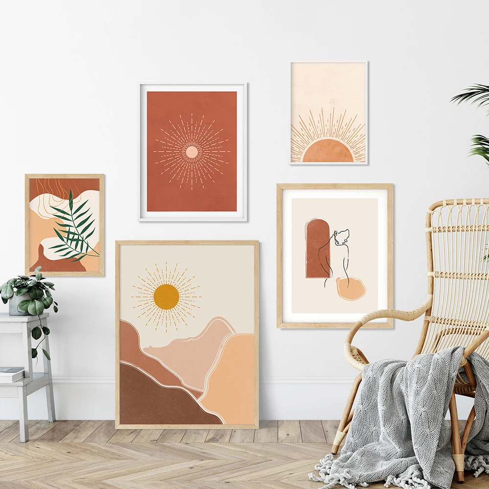 

Line Woman Nursery Decor Boho Sunshine Wall Art Print Mountain Canvas Painting Cartoon Posters Wall Pictures for Kids Room Home