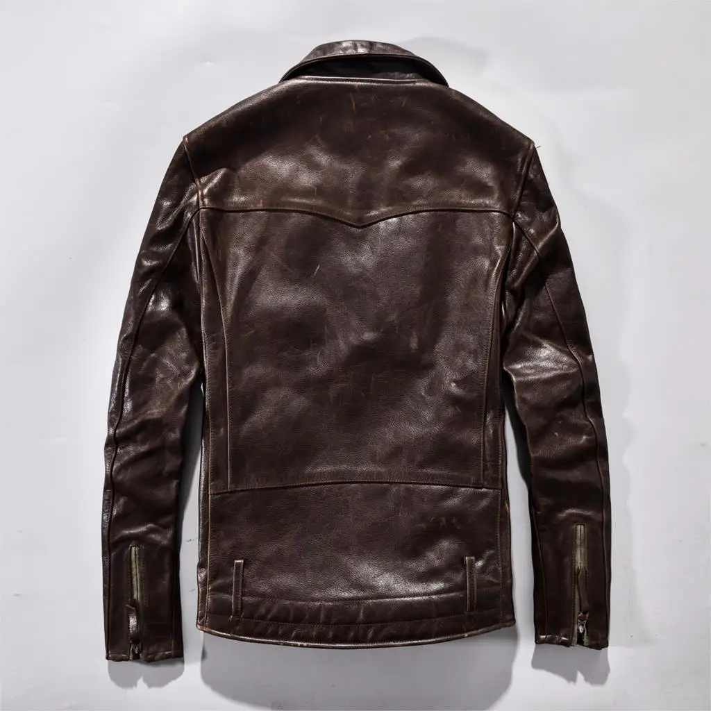Мужская винтажная кожаная куртка с заклепками и диагональной застежкой молнией