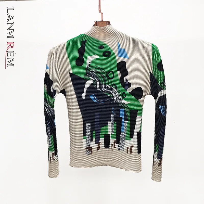 LANMREM 2022 Осень Зеленый принт Повседневная водолазка тонкий топ с длинными