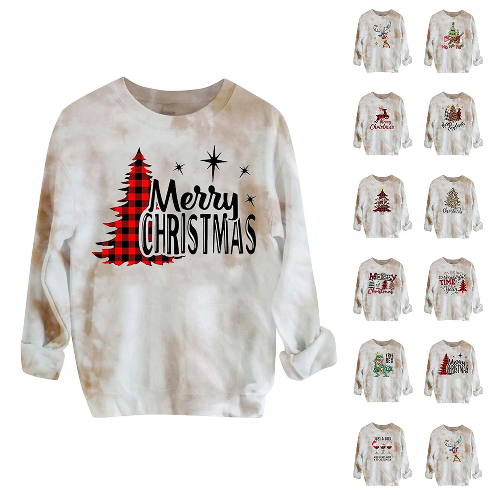 

Рождественский пуловер Tie-dye, осенне-зимний Повседневный Свободный свитшот, Женский Топ с длинным рукавом и круглым вырезом, женские модные ...