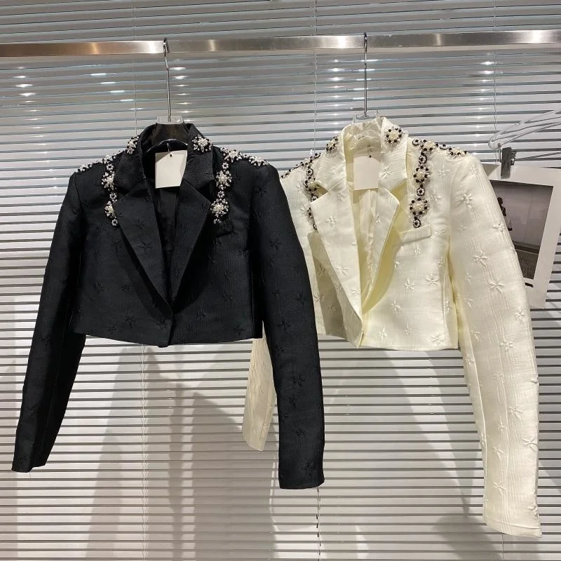 

Shoulder Manual Bead Nailing Short Jacket Women 2021 Autumn New Style Small Fragrance Dark Flower Short Coat Suit