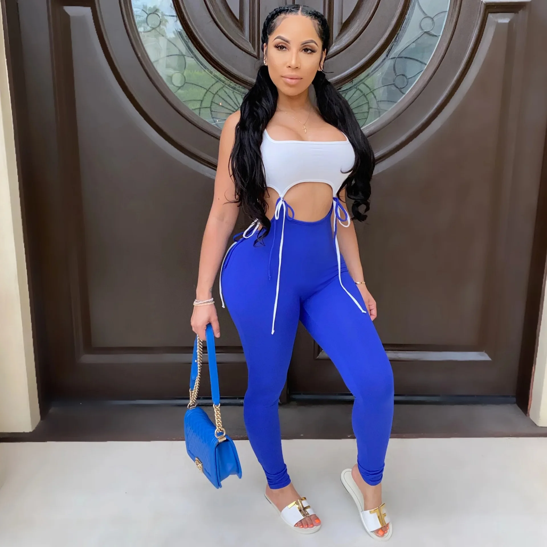 

BJYL Women Tracksuits Two Pieces Set Sleeveless White Crop Top Long Pants Solid Pattern Skinny Sports Suit Casual Outdoor Wear