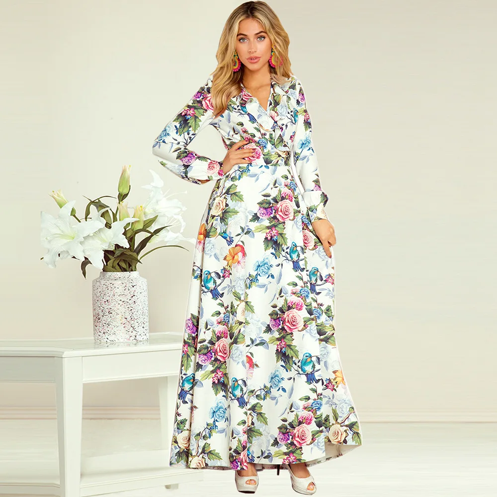 

Floral Print Long Dress Long Sleeve High Waist V-neck Belted Women's Dresses Autumn And Winter Plus Size Commuter Full Dress