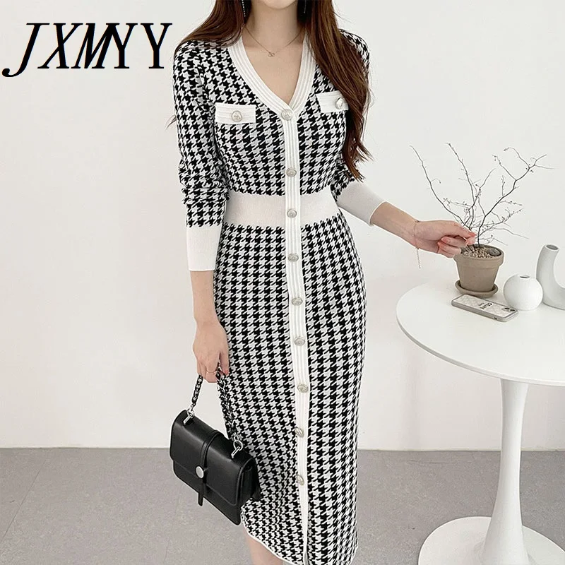 Женское трикотажное платье в клетку облегающее платье-свитер стиле ретро с