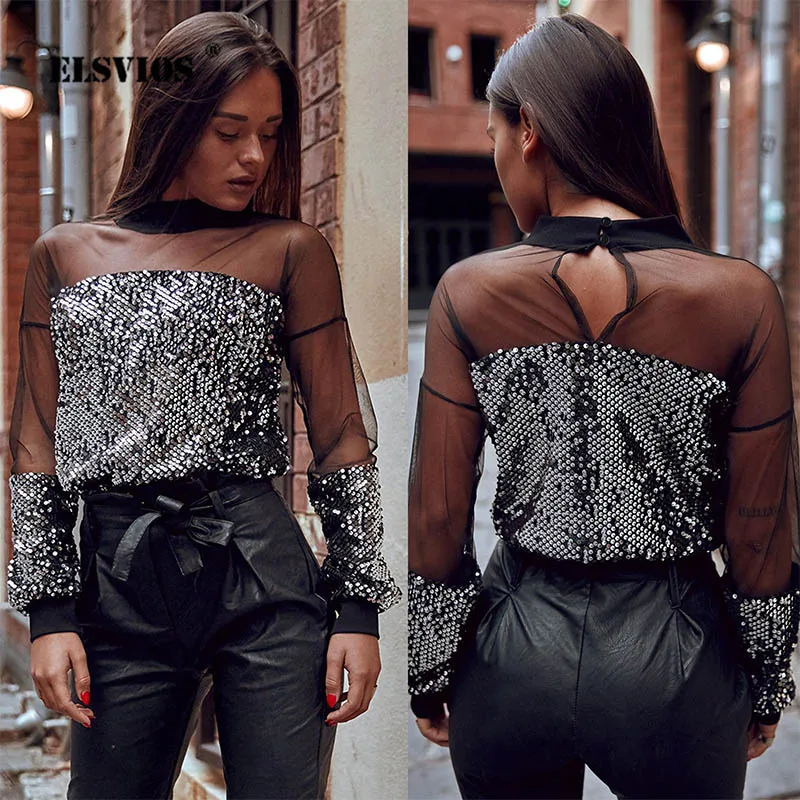 

Women sexy Lace Sheer Long Sleeve Shirt Tops Lady Mesh Patchwork Sequin Blouse Shirts Pullover Femme Chemise Cloth dropshipping