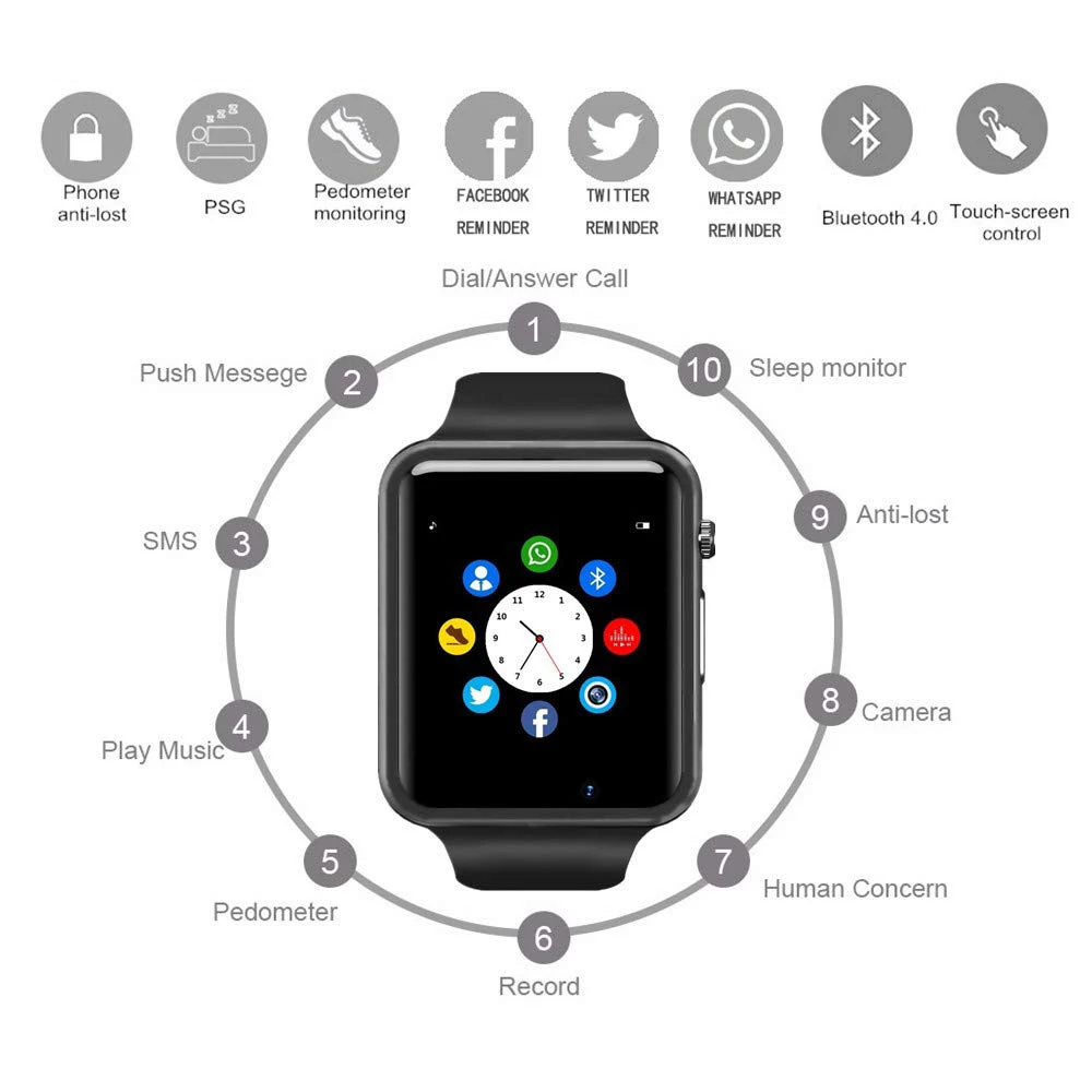 A1 наручные часы Bluetooth Смарт спортивные Шагомер с сим-камерой Smartwatch для Android |