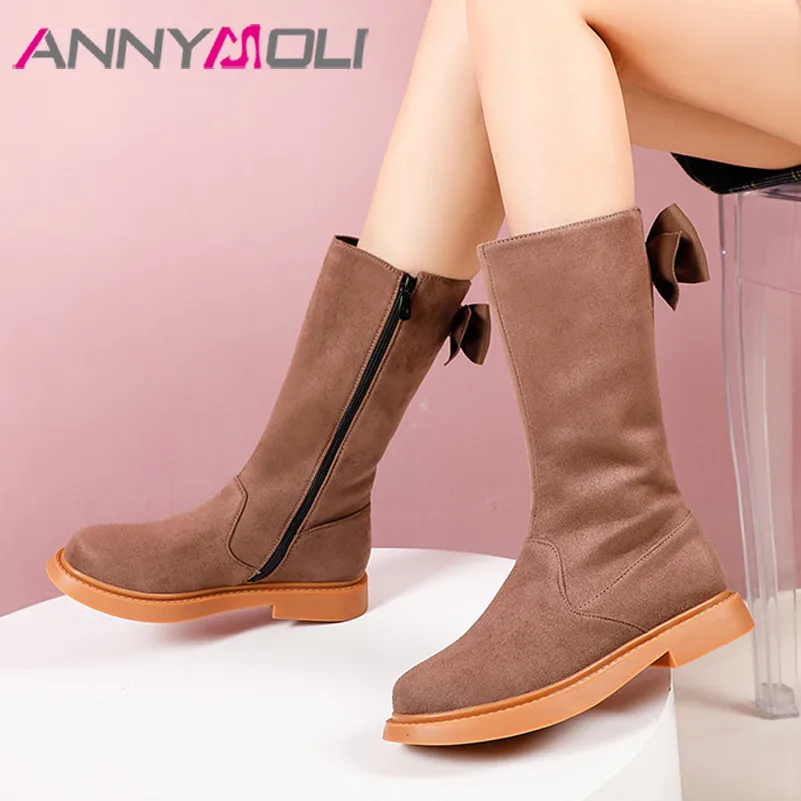

ANNYMOLI Mid Calf Boots Med Heel Woman Boots Zipper Chunky Heel Shoes Bow Round Toe Ladies Boots Autumn Winter Brown Black 33-39