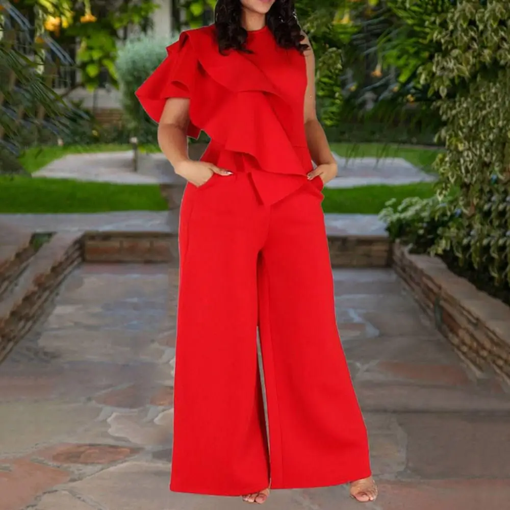 Простые широкие комбинезоны с оборками для офисных леди элегантные однотонные