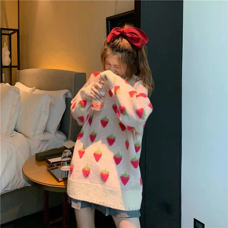 

2021 Sweet Woman Sweaters Autumn And Winter Strawberry Peach Print Pullover Sweater Women New Korean O-neck Loose Thick Sweaters