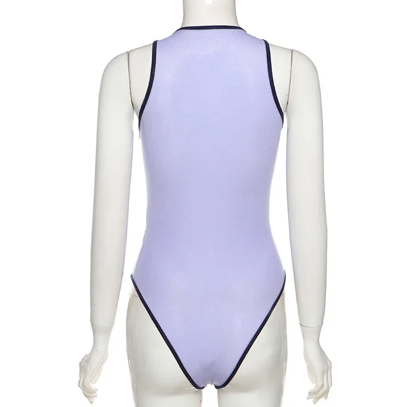 

Purple Sexy Sleeveless Bodysuits Women Hollow Out Patch Work See Through Clubwear Slim Skinny Top Body Fashion Lady Summer