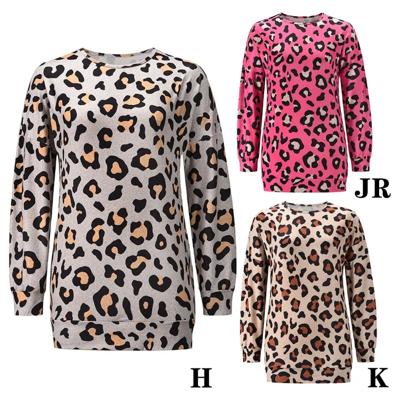 

Women Shirts European And American Wind Autumn And Winter Casual Wild Round Lead Long-sleeved Leopard Print Loose Tops Dropship