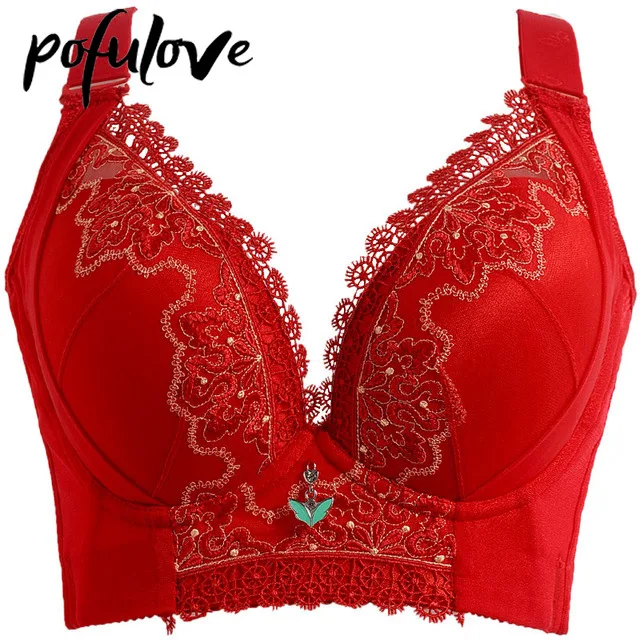 Push Up Bra Plus Size Bras for Women 100 105 C D Gathered Sexy Lace Underwear Wire Free Brassiere Floral Seamless Bralette