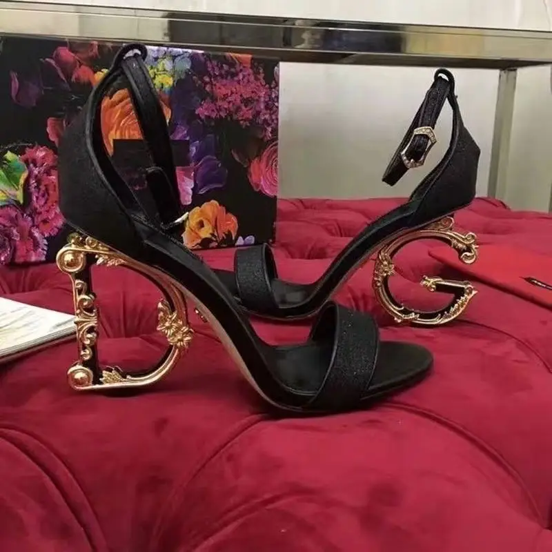 

Ladies Party Clubwear Peep Toe Real Leather High Irregular Strange Gold Heels Letter Sandals Shoes Pumps Sequins Bling Womens