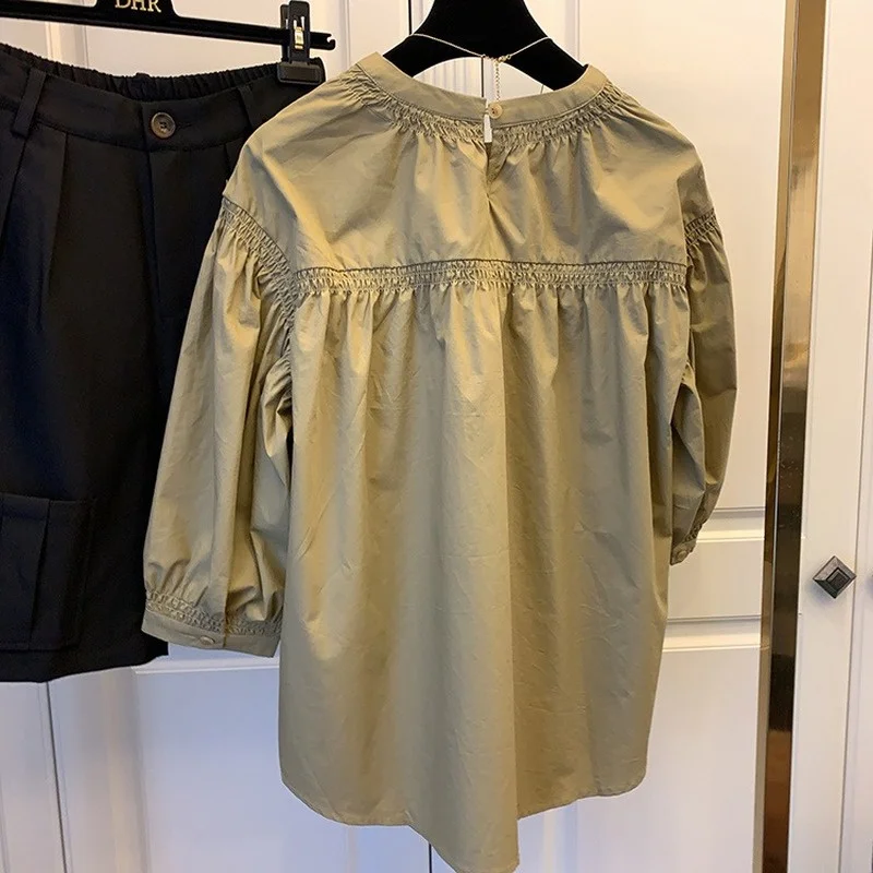 

Half Lantern Sleeve Loose Blouse 2021 Summer Design O Neck Shirring White Tops Front Pocket Cotton Shirts Korean Chic Clothes