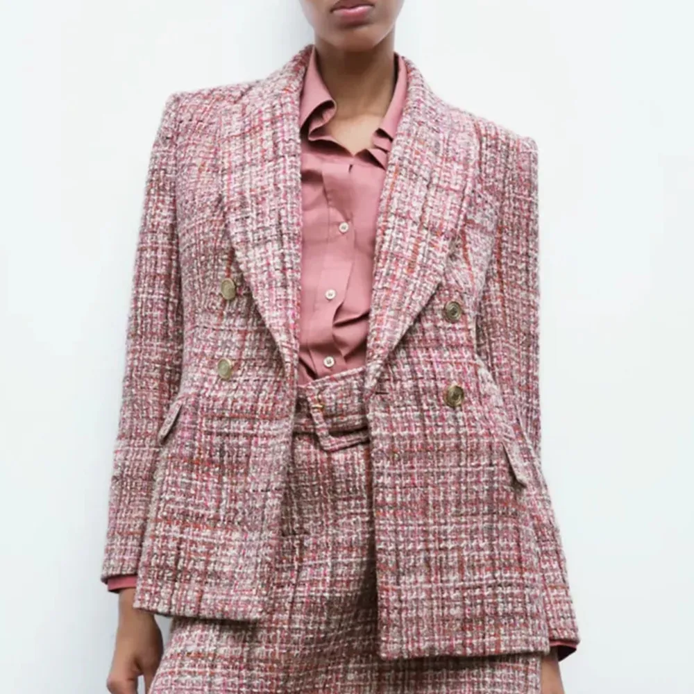 

Женский твидовый Блейзер, винтажный двубортный пиджак свободного покроя с длинным рукавом, Повседневная шикарная верхняя одежда, осень 2021