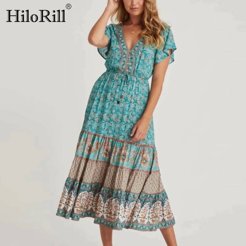 

Платье HiloRill женское с цветочным принтом, Пляжное плиссированное платье в стиле бохо, с расклешенным коротким рукавом, винтажное длинное с V-...